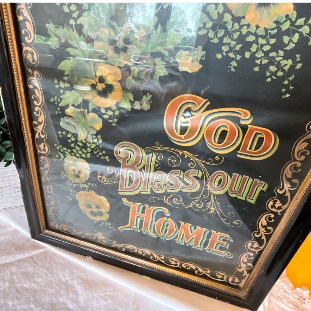 Incredible Antique God Bless Our Home Framed Print, flowers black frame - Picture 6 of 9